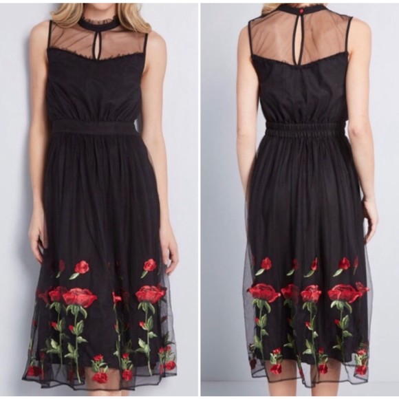 MODCLOTH Tulle Embroidered Sleeveless Rose Black Midi Dress - Picture 1 of 10